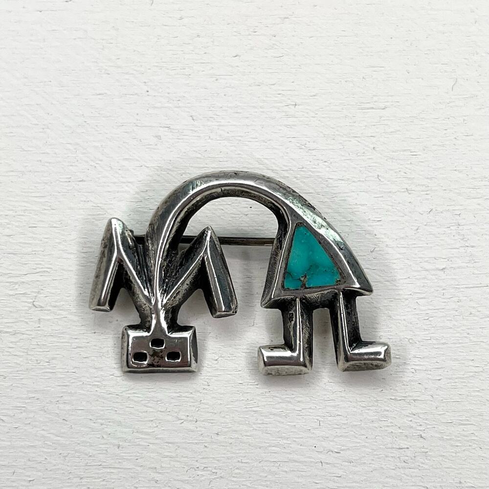 Vintage Native American Navajo Sandcast Silver Rainbow Man Yei Turquoise Brooch